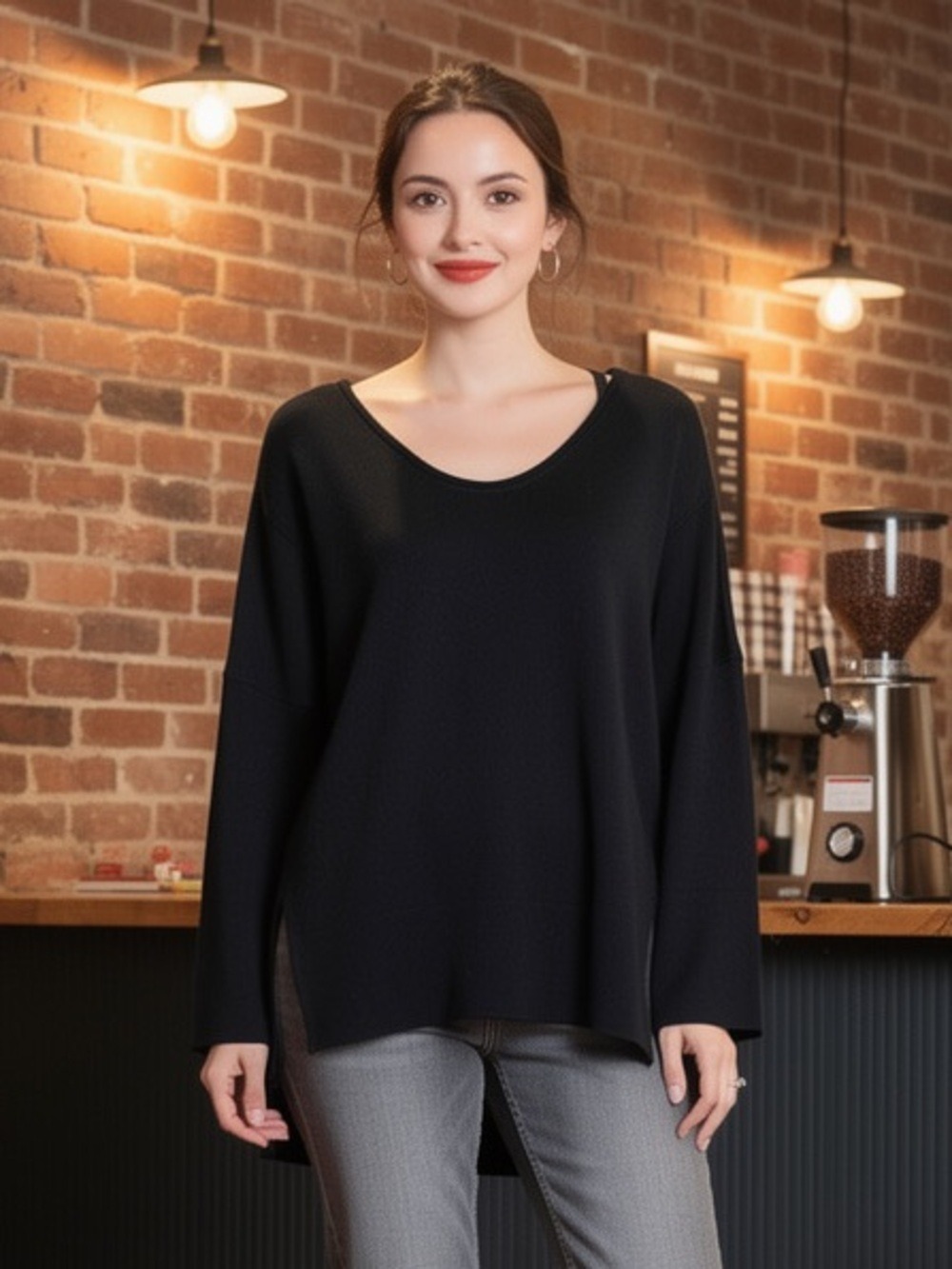 Inhabit Cashmere Linen Blend Black Oversized V-Neck Tunic Sweater Top Size M